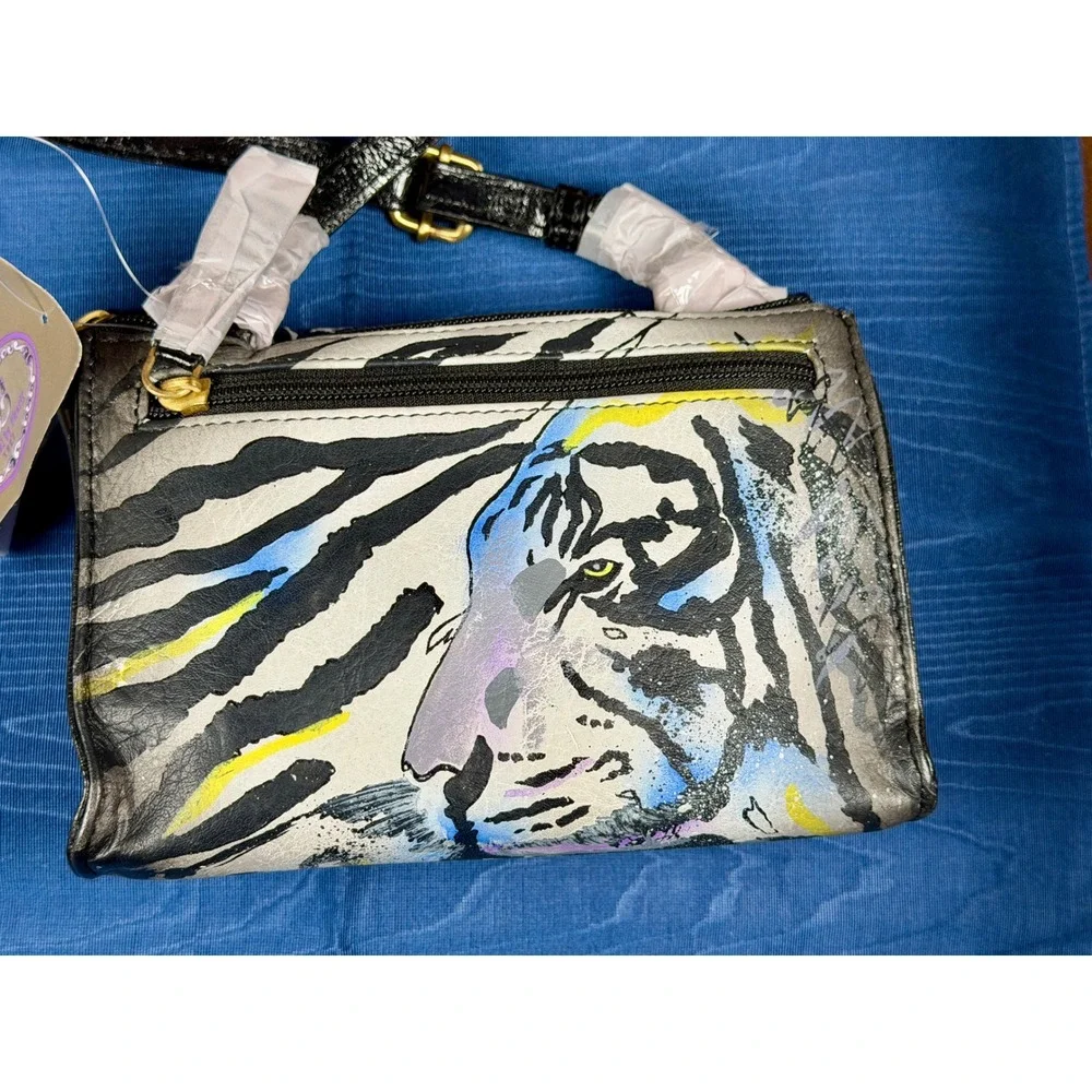 Sharif 1827 Hand Painted Tiger Zebra Leather Crossbody Bag Gold Interior NWT
